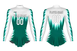 Custom figure skating long sleeve one piece uniform green flash adult youth pleated skirt - Figure-skating-uniforms
