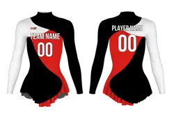 Custom figure skating long sleeve one piece uniform red glacial flair adult youth pleated skirt - Figure-skating-uniforms