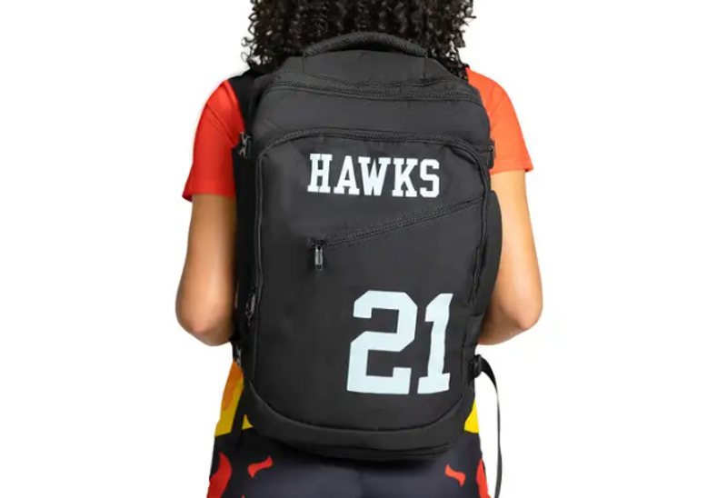 a personalized basketball backpack on a young females back