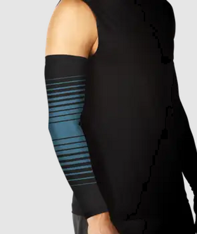an adult male wearing a blue and black arm sleeve on their right arm