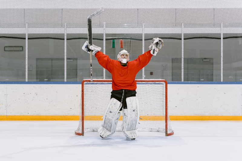 an ice hockey goalie celebrating