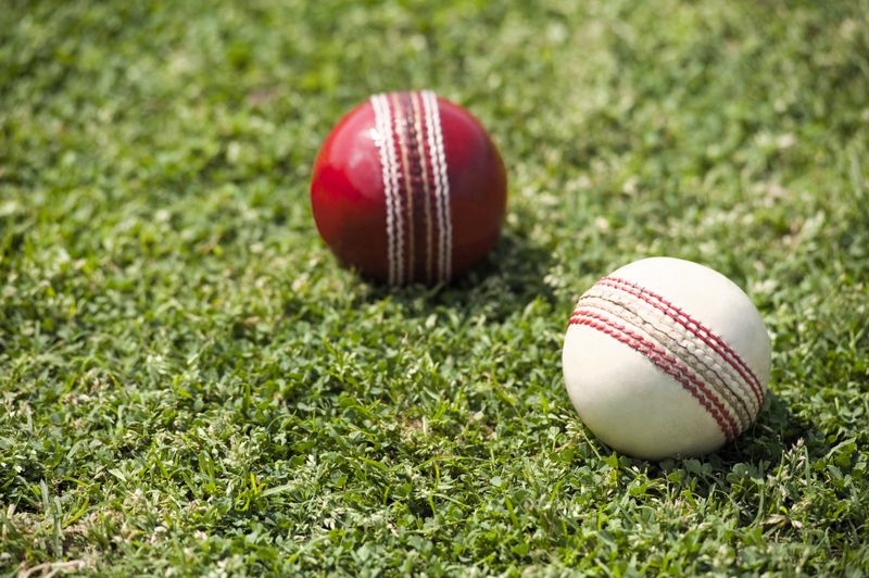 a white cricket ball and red cricket ball side by side on grass