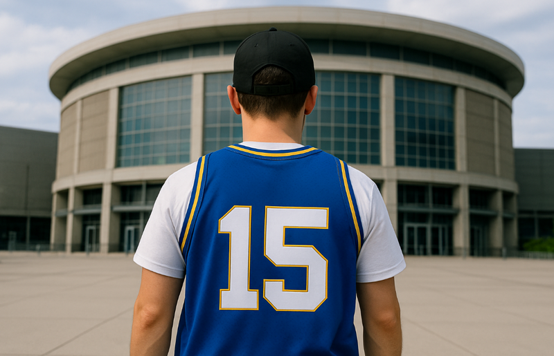 the back of a man wearing a blue basketball jersey showing the number 15 in white font