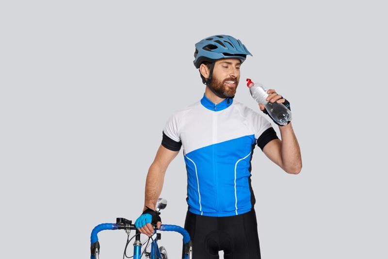 a cyclist holding a bicycle and water bottle