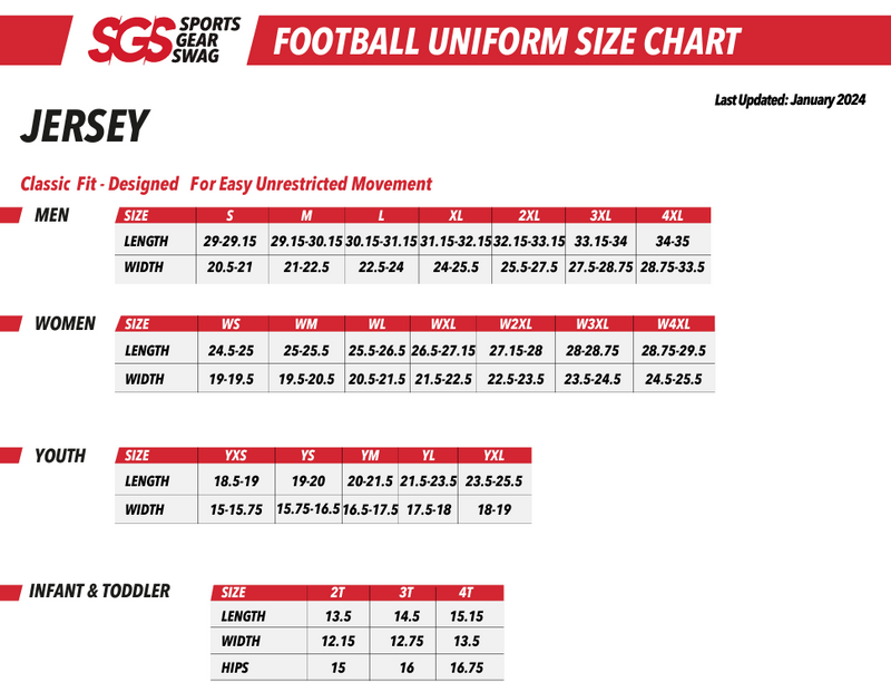 Football Jersey Sizing Chart for Adults and Kids