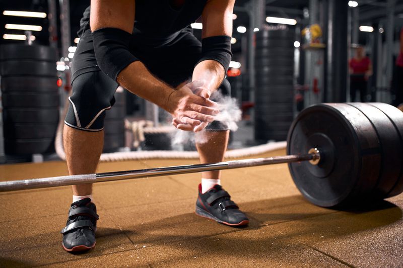 a powerlifter putting chalk on his hands 