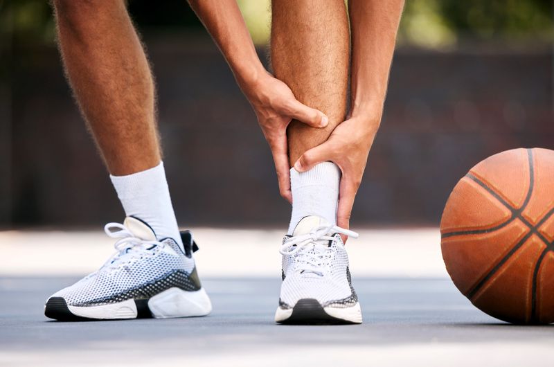a man holding his left ankle standing next to a basketball