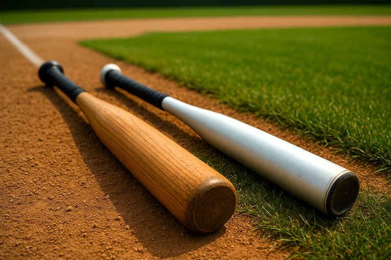 a softball bat and baseball bat lying on a baseball diamond pitch