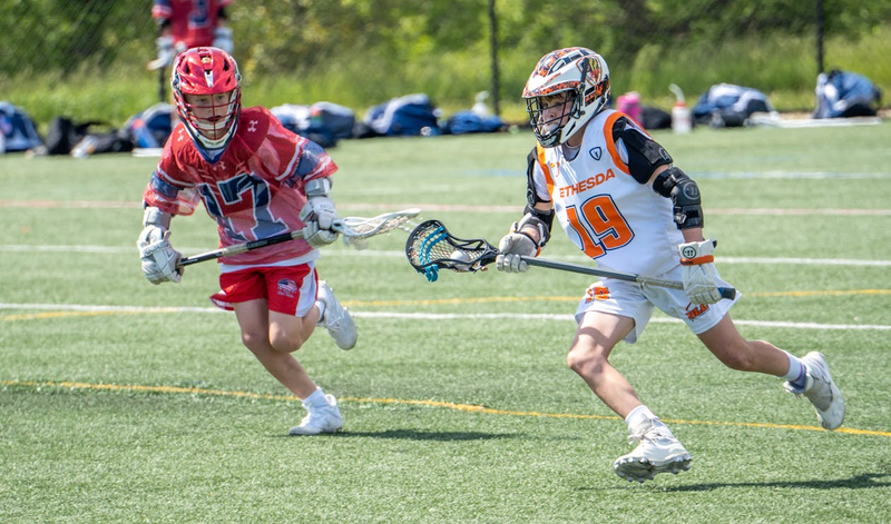 two youth lacrosse players on a field