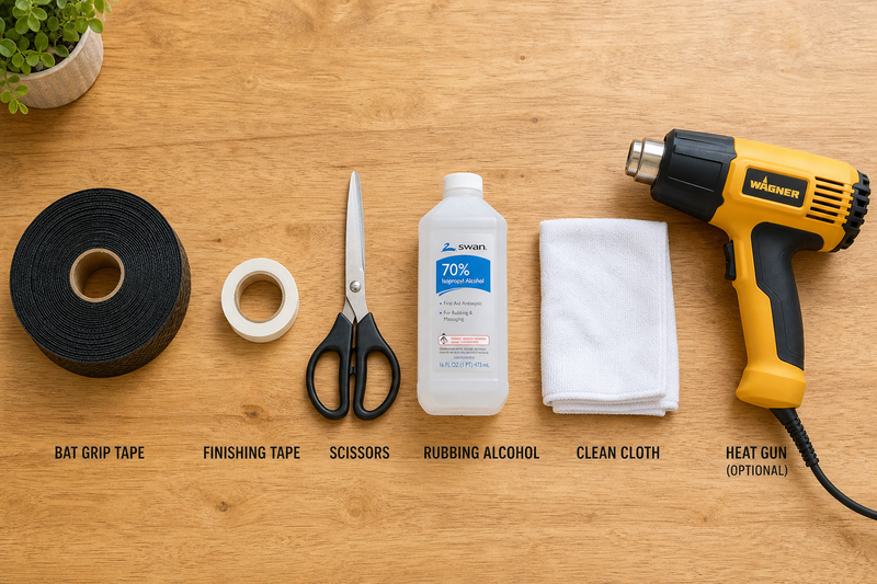 the items you need to wrap a baseball bat lying on a wooden table