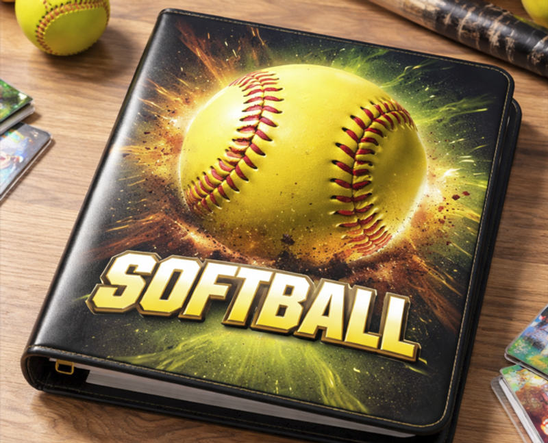 a sample of a baseball playing card binder sitting on a wooden table