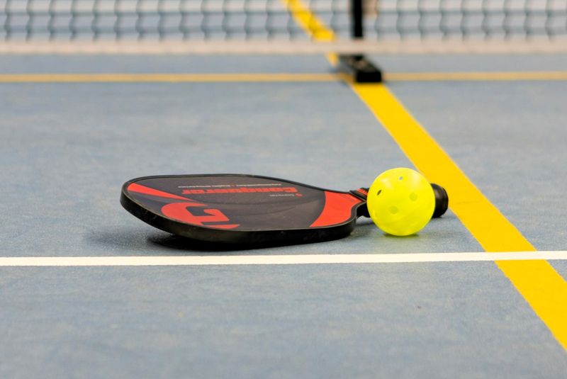 a pickleball paddle and ball beside a pickleball net