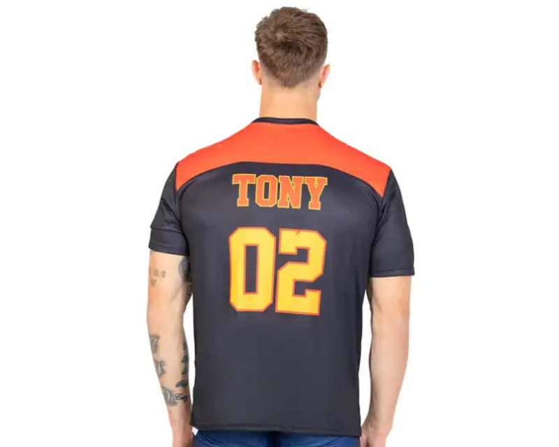 an adult male showing the back of a custom rugby jersey