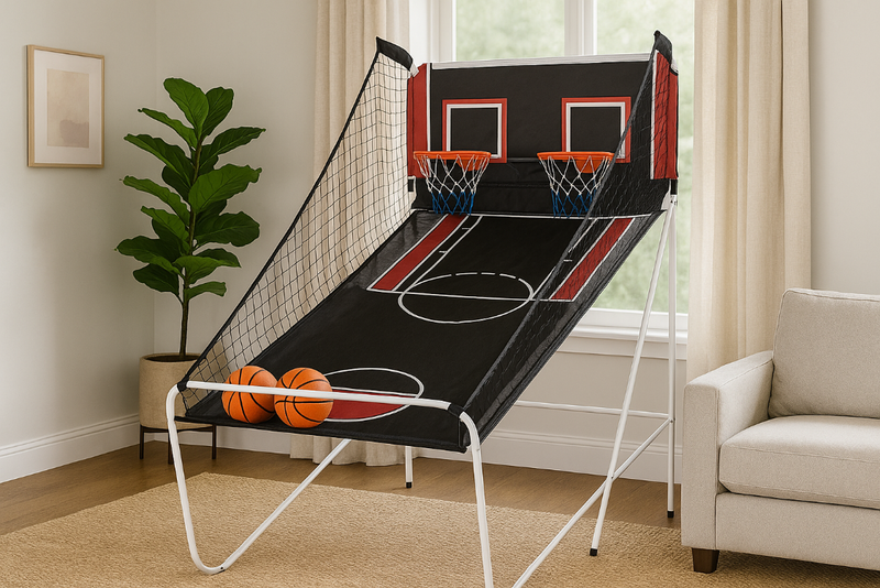 an arcade-style basketball net shooting game for kids in a living room