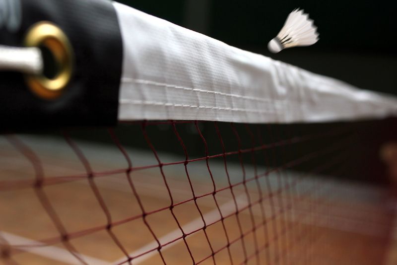 a shuttlecock going over a badminton net