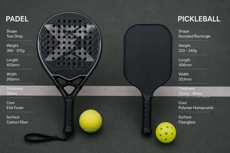 a padel racket and pickleball racket side by side comparison