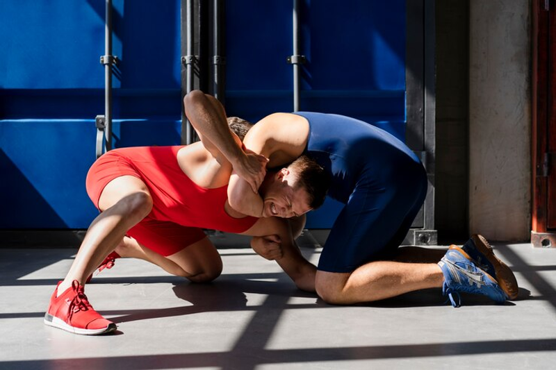 Two wrestlers grappling