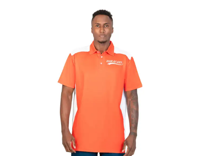 an adult man wearing an orange and white tennis polo shirt against a white background