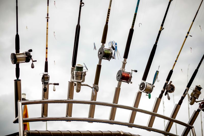 various fishing rods on a ship