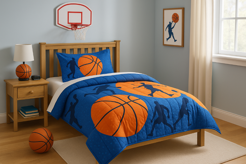 basketball-themed bedding in a kids bedroom