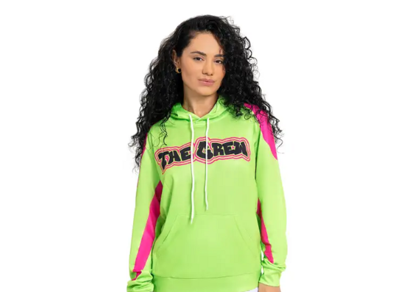 an adult female wearing a cheerleading warm up hoodie