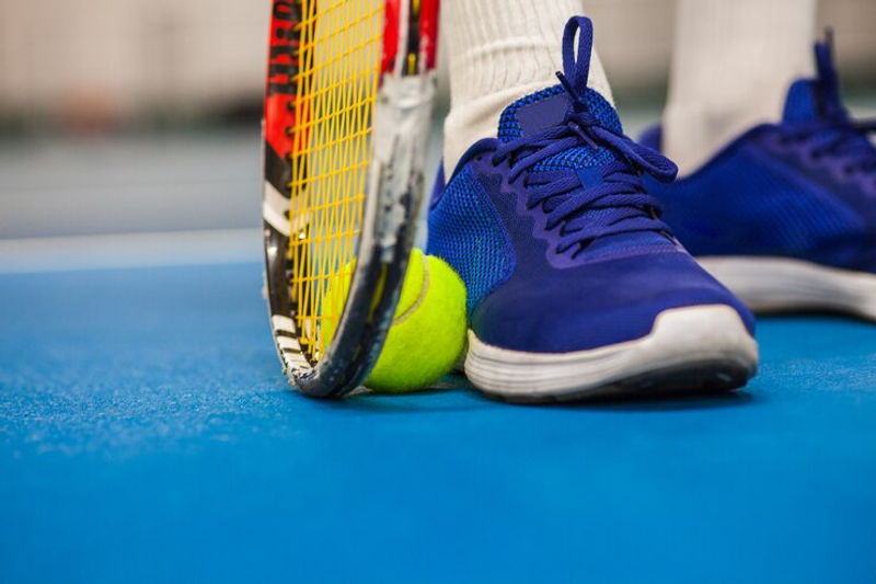 blue tennis shoes next to a tennis wrap and tennis ball