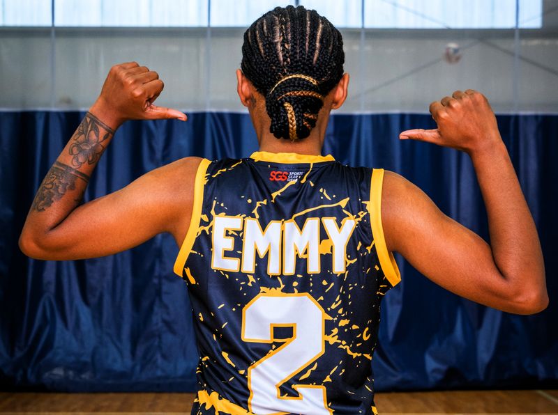 the back of a personalized basketball jersey showing the name Emmy and a number 2