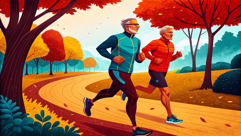 an animated picture of two middle-aged athletes jogging in a park