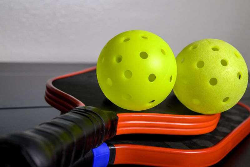 two pickleball paddles beneath two pickleballs