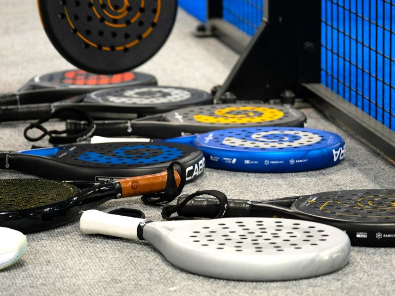 multiple padel rackets sitting ono the ground