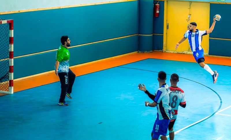a handball player about to throw a handball at the goal